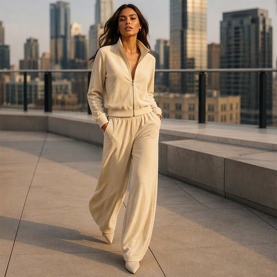 Women's Faux Suede Zip-Up Jacket & Pants Set