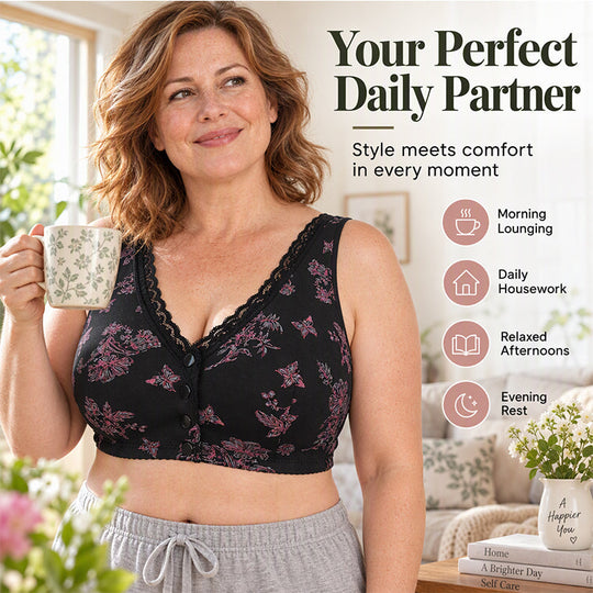🖤Black Friday Sale🖤🌸Women's Plus Size Front Button Floral Print Wireless Bra