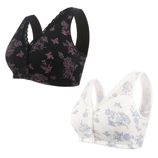 🖤Black Friday Sale🖤🌸Women's Plus Size Front Button Floral Print Wireless Bra