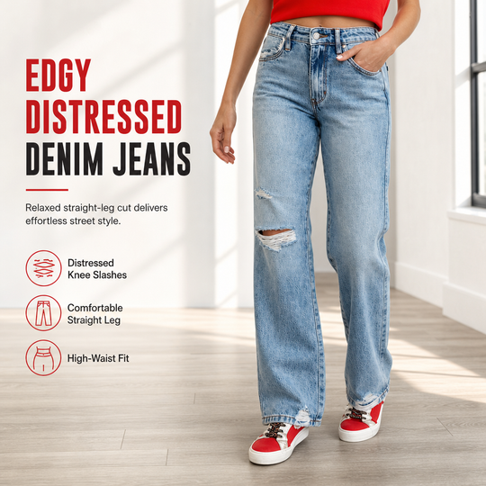 🖤Black Friday Sale🖤Women's High Waisted Ripped Wide Leg Denim Jeans Distressed Straight Pants