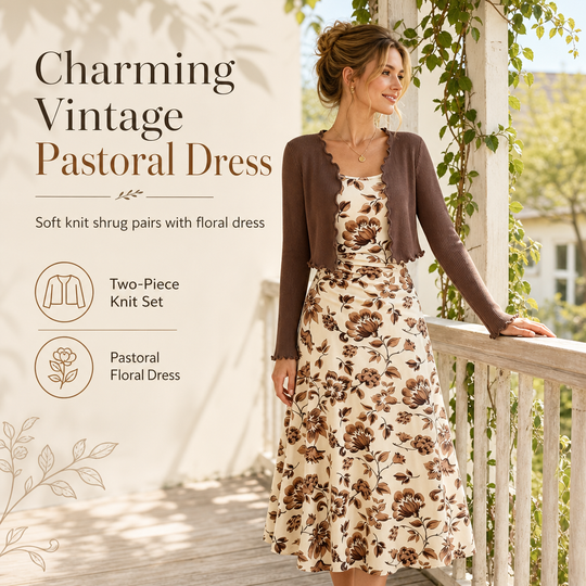 🌷 Vintage Floral Slip Dress, Cropped Ribbed Knit Cardigan | Women's 2-Piece Outfit Set