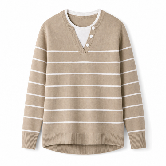 Casual Mock Two Piece V Neck Knit Sweater with Button Details