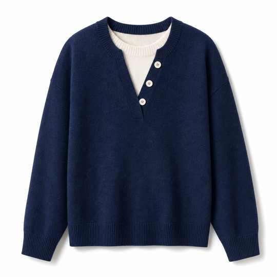 Casual Mock Two Piece V Neck Knit Sweater with Button Details