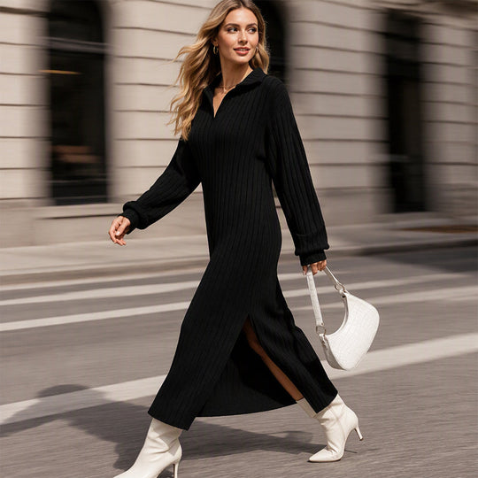 Women's Ribbed Knit Collared Slit Maxi Dress