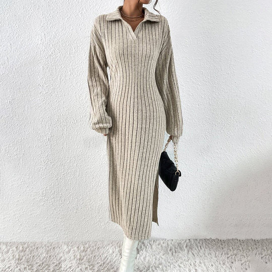 Women's Ribbed Knit Collared Slit Maxi Dress