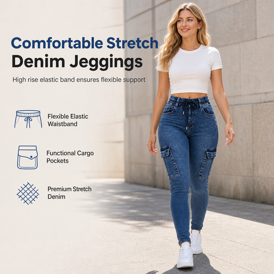 Women's High Waisted Elastic Drawstring Cargo Jeggings Skinny Denim Pants