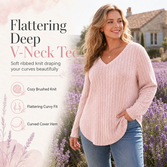 Women's Plus Size V Neck Long Sleeve Ribbed Brushed T-Shirt Loose Fit Solid Color Pullover Top