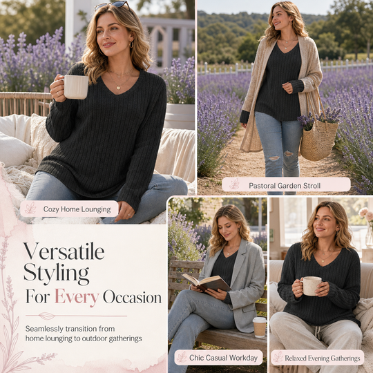 Women's Plus Size V Neck Long Sleeve Ribbed Brushed T-Shirt Loose Fit Solid Color Pullover Top