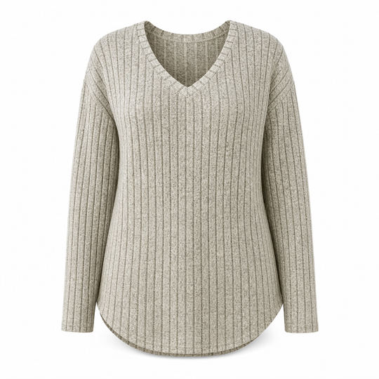 Women's Plus Size V Neck Long Sleeve Ribbed Brushed T-Shirt Loose Fit Solid Color Pullover Top