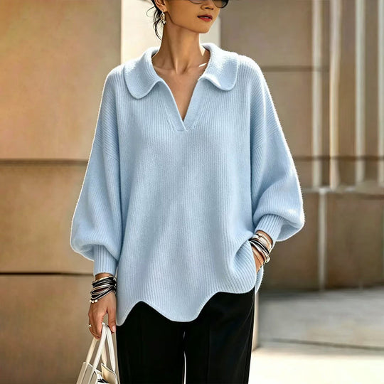 Women's Elegant V-Neck Sweater with Lantern Sleeves