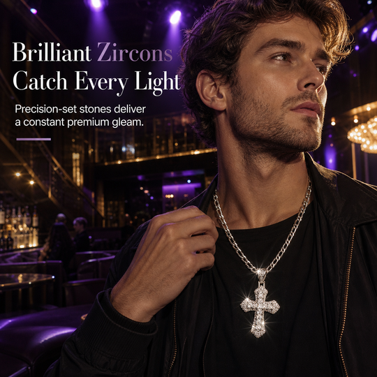 🎁New Arrivals 50% OFF💥Hip Hop Double Layer Baguette Rhinestone Cross Brass with Figaro Chain