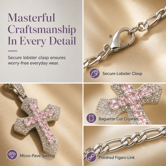🎁New Arrivals 50% OFF💥Hip Hop Double Layer Baguette Rhinestone Cross Brass with Figaro Chain
