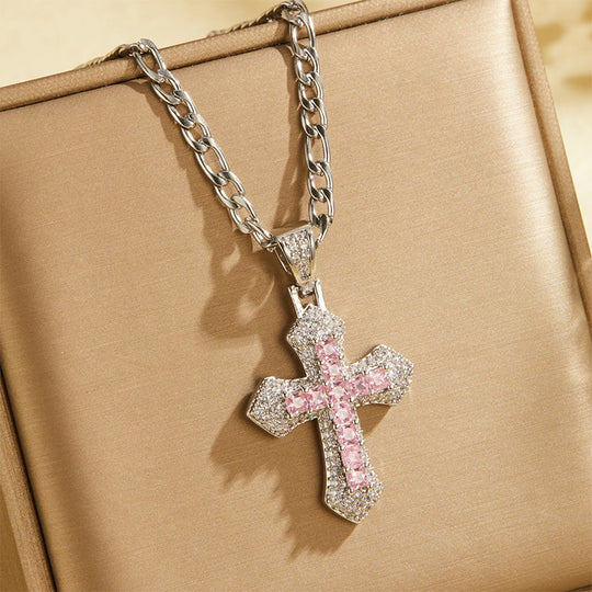 🎁New Arrivals 50% OFF💥Hip Hop Double Layer Baguette Rhinestone Cross Brass with Figaro Chain