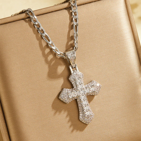 🎁New Arrivals 50% OFF💥Hip Hop Double Layer Baguette Rhinestone Cross Brass with Figaro Chain