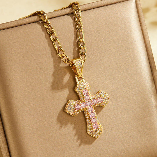 🎁New Arrivals 50% OFF💥Hip Hop Double Layer Baguette Rhinestone Cross Brass with Figaro Chain