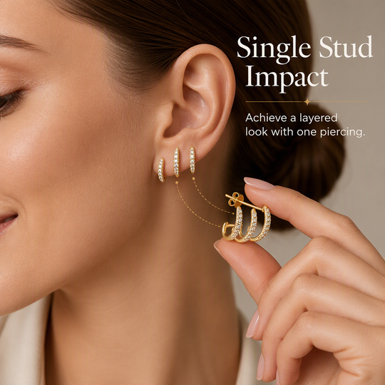 Minimalist Three Layer Curved Ear Crawler Stud Earrings with Inlaid Rhinestones