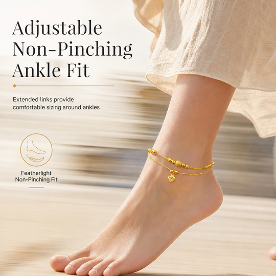 Women Double Layer Gold Tone Heart Charm Anklet with Small Beads Foot Jewelry Gift