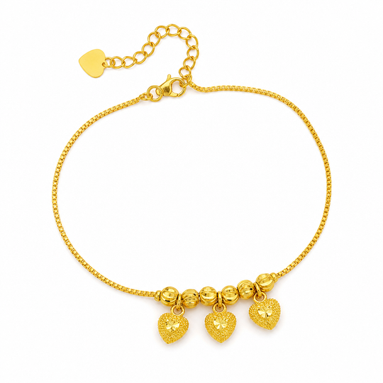 Women Double Layer Gold Tone Heart Charm Anklet with Small Beads Foot Jewelry Gift