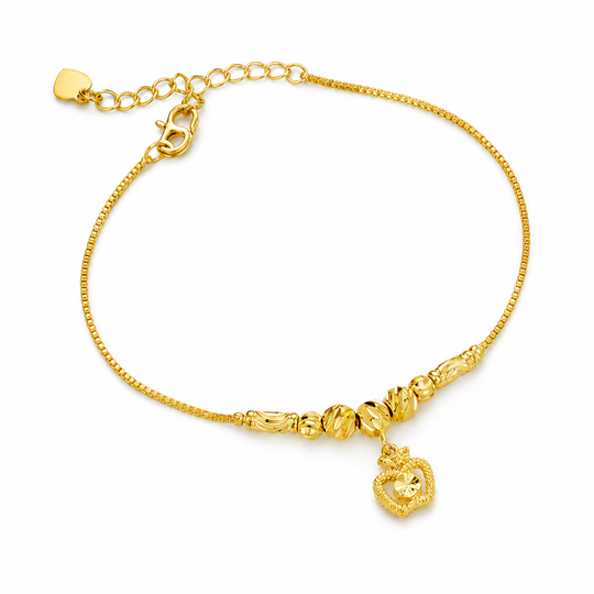 Women Double Layer Gold Tone Heart Charm Anklet with Small Beads Foot Jewelry Gift