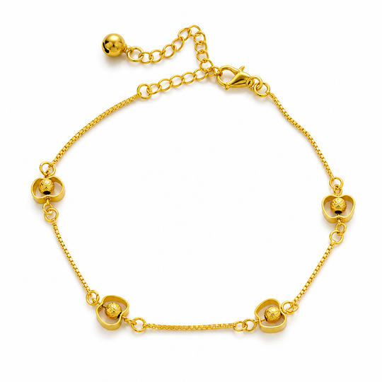 Women Double Layer Gold Tone Heart Charm Anklet with Small Beads Foot Jewelry Gift