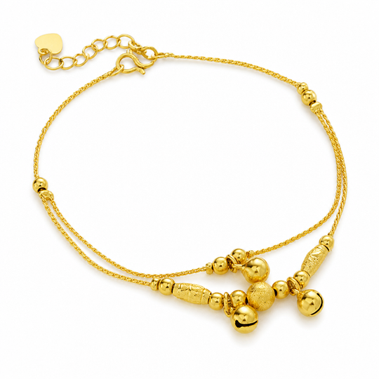 Women Double Layer Gold Tone Heart Charm Anklet with Small Beads Foot Jewelry Gift