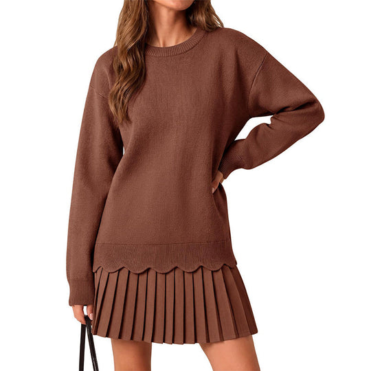 🏆 Bestseller – Extra Savings Now 👗 Women's Scallop Hem Sweater and Pleated Skirt Set ✨ scallop hem knit top, high waisted pleated skirt, 2 piece outfit set