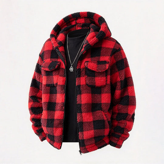 🧥 Men's Plaid Fuzzy Hooded Zip-Up Coat with Dual Flap Chest Pockets ✨ fuzzy plush lining, plaid print, hooded zip coat with chest pockets