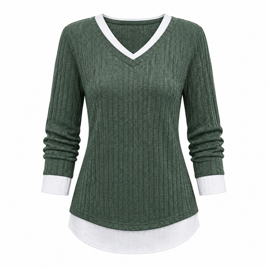Faux Two Piece Layered Knit Sweater Casual Pullover Top