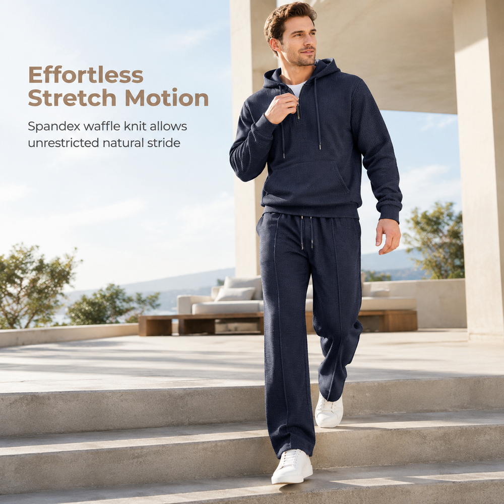 Men's Casual 2 Piece Waffle Knit Tracksuit Set Half Zip Hoodie and Straight Leg Pants