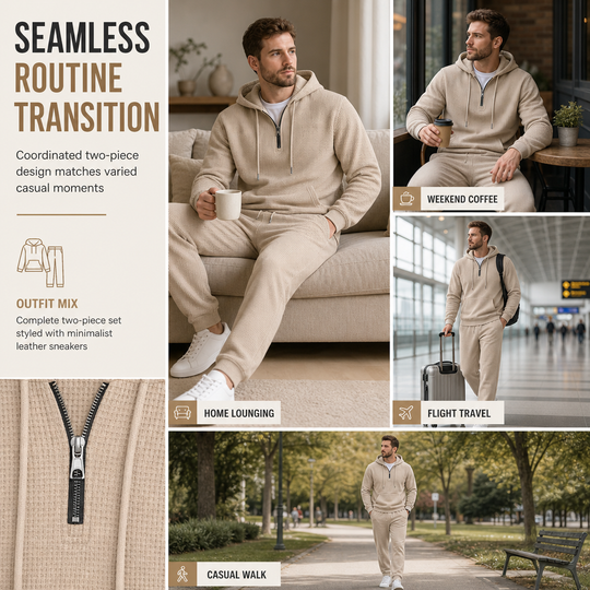 Men's Casual 2 Piece Waffle Knit Tracksuit Set Half Zip Hoodie and Straight Leg Pants