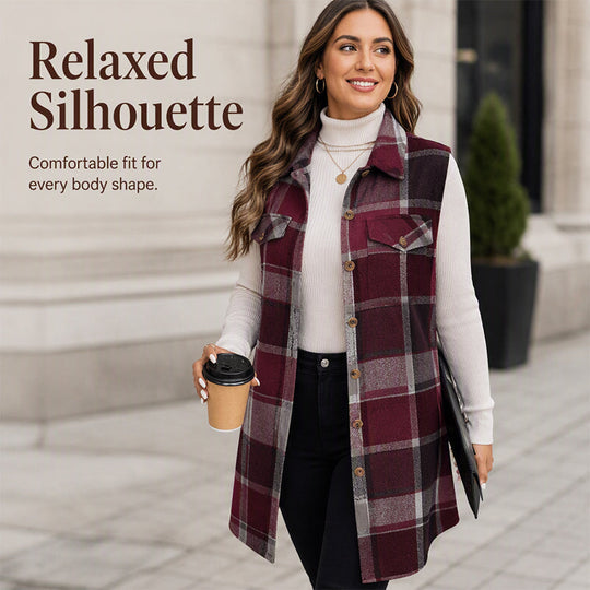Women's Plaid Button Down Vest Shirt with Pockets