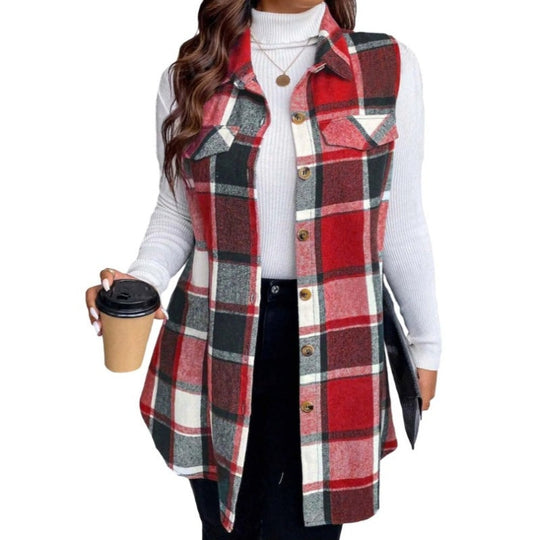 Women's Plaid Button Down Vest Shirt with Pockets