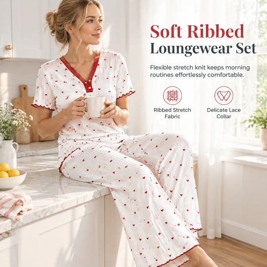 Women's Printed Pajama Set Short Sleeve Top and Long Pants Comfortable Stretchy Loungewear