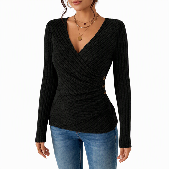 Women's Casual V Neck Long Sleeve Solid Color Top for Spring and Autumn