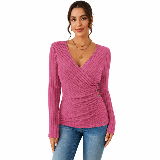 Women's Casual V Neck Long Sleeve Solid Color Top for Spring and Autumn