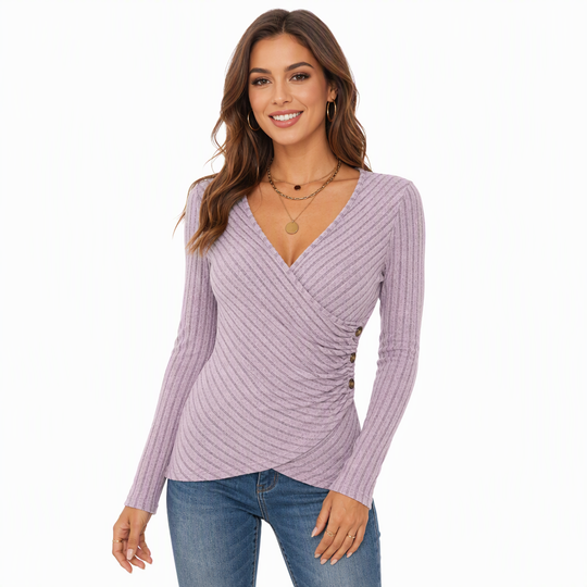 Women's Casual V Neck Long Sleeve Solid Color Top for Spring and Autumn