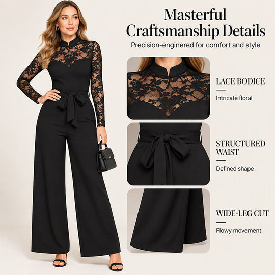 Women's Elegant Lace Patchwork Belted Jumpsuit