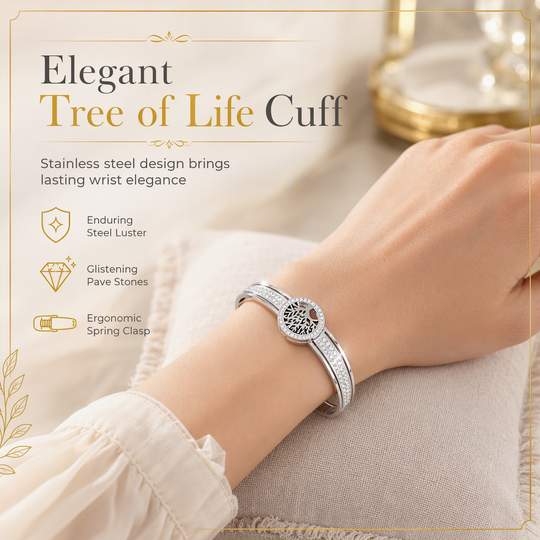 🌿 Stainless Steel Tree of Life Bangle – Elegant & Sparkling Jewelry ✨💎