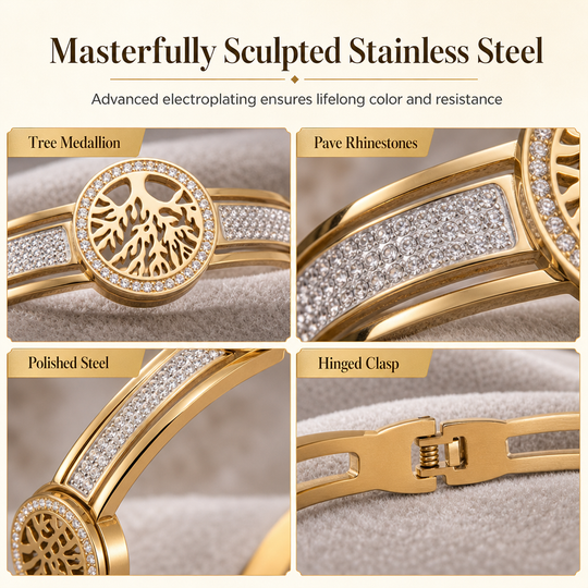 🌿 Stainless Steel Tree of Life Bangle – Elegant & Sparkling Jewelry ✨💎