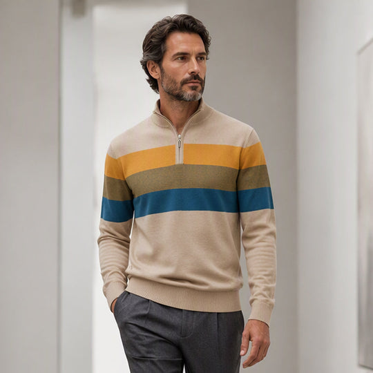 Men's Casual Slim Fit Half-Zip Striped Sweater