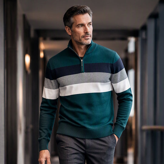 Men's Casual Slim Fit Half-Zip Striped Sweater