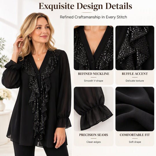 Women's V-Neck Sequin Spliced Chiffon Top