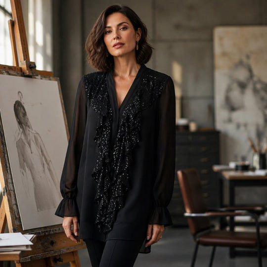 Women's V-Neck Sequin Spliced Chiffon Top
