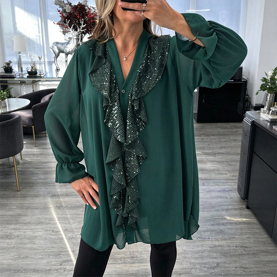 Women's V-Neck Sequin Spliced Chiffon Top
