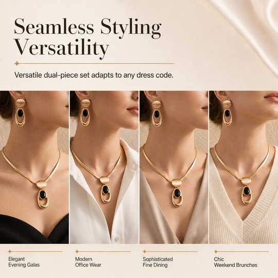 Vintage Brushed Gold and Black Gemstone and Earring Set Elegant Choker Jewelry Set for Banquets and Parties