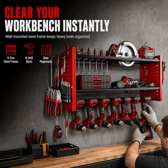 🛠️ 50% OFF NOW! 🔩 Wall-Mounted Power Tool Organizer – Heavy-Gauge Steel, Drill Charging Station & Dual Pegboards – Garage Storage 💪
