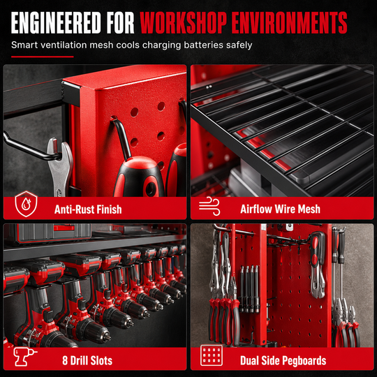 🛠️ 50% OFF NOW! 🔩 Wall-Mounted Power Tool Organizer – Heavy-Gauge Steel, Drill Charging Station & Dual Pegboards – Garage Storage 💪