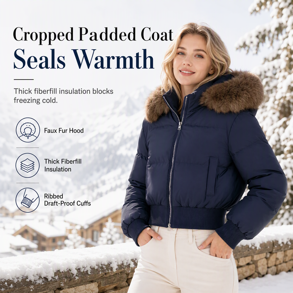 Women's Winter Short Hooded Padded Coat with Fur Collar