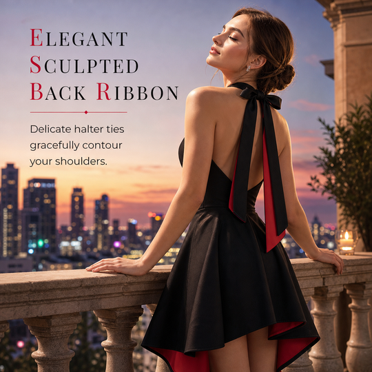 Women's Elegant Black Colorblock Dress Slim Fit Cinched Waist Party Dress
