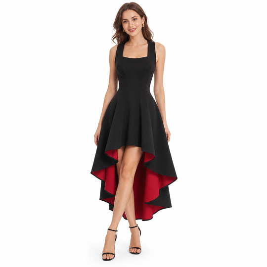 Women's Elegant Black Colorblock Dress Slim Fit Cinched Waist Party Dress